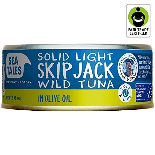 Sea Tales Solid Light Skipjack Canned Tuna in Olive Oil - 100% Pole & Line Wild Sustainably Caught - Fair Trade Certified - High Protein Food - Keto Friendly - 5 oz. Cans (Pack of 12)