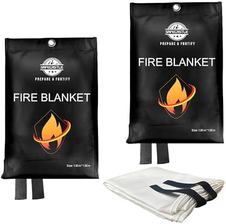 SAFECASTLE Emergency Fire Blanket 59"x59" Large Size, 2 Pack Fire Retardant Blanket with Fireproof Tabs for Home, Warehouse, Outdoor, Office, Car and Camping Fire Protection Survival Safety