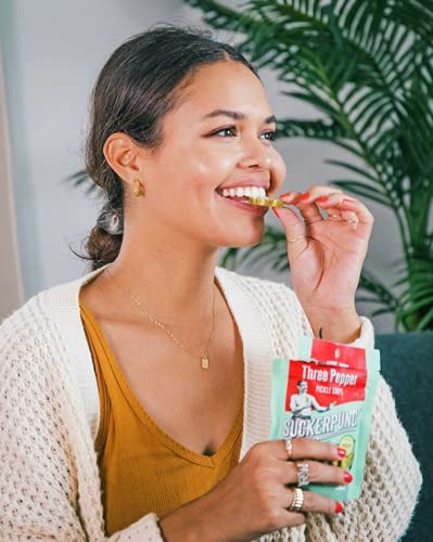 SuckerPunch Three Pepper Pickle Chips, Snack Pack, Gluten Free, Kosher, Sugar Free, Low Calorie, Low Carb, Ready to Eat, on the Go, Non GMO, Keto Friendly, Vegan, 3.4 Oz, Single Serve Pouch, 12 Pack