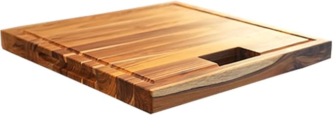 EcoDecors, Teak Edge Grain Cutting Board 17"x18", Solid FSC Teak Wood Butcher Block with Juice Groove, Waste Slot & Handles, Wooden Cutting Board for Kitchen, Carving & Stove-Top Prep