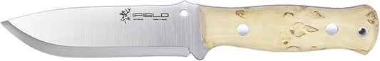 iFIELD Bushcraft Hunting Knife Workout EL29124-4.75" MOVA Full Tang Satin Blade, Curly Birch Handle, Brown Leather Sheath, Made in Spain, Outdoor Camping & Survival Tool