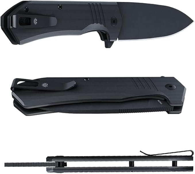 Off-Grid Knives - STINGER XL Folding Knife, 154CM Steel, Full Flat Grind, G10 Scales, Ceramic Bearings, Drop-Shut Action, Deep Pocket Clip, Left or Right Hand Carry, Camping & Tactical Use (Blackout)