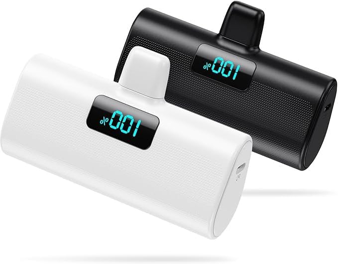 [2 Pack] Mini Portable Charger 5200mAh for iPhone, 20W PD Fast Charging Power Bank, Ultra-Compact Battery Pack LCD Display Portable Phone Charger for iPhone 14/13/12/11/X/8/7/6-Pure White+Dark Black