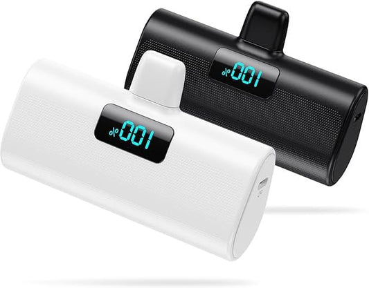 [2 Pack] Mini Portable Charger 5200mAh for iPhone, 20W PD Fast Charging Power Bank, Ultra-Compact Battery Pack LCD Display Portable Phone Charger for iPhone 14/13/12/11/X/8/7/6-Pure White+Dark Black