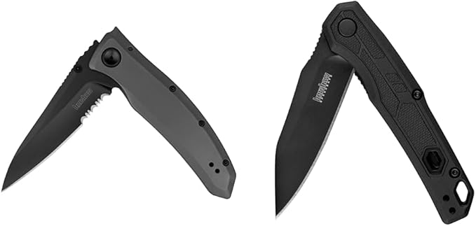 Kershaw Grid Folding Pocket Knife, 3.7 inch Black Serrated Blade, Steel Handle, Pocketclip & Appa Folding Tactical Pocket Knife, SpeedSafe Opening, 2.75 inch Black Blade and Handle