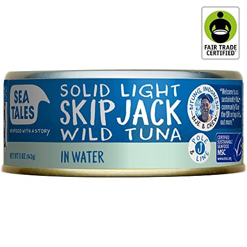 Sea Tales Solid Light Skipjack Canned Tuna in Water - 100% Pole & Line Wild Sustainably Caught - Fair Trade Certified - High Protein Food - Keto Friendly - 5 oz. Cans (Pack of 12)