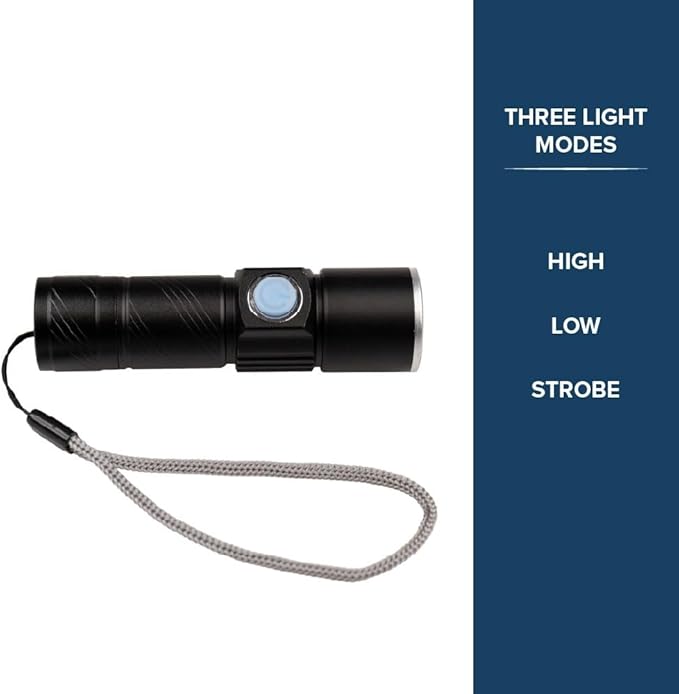 West Coast Paracord LED Flashlight, 3 Modes, Adjustable Zoom Focus, USB Rechargeable, Portable EDC Tactical Light, Bright 200 Lumens, Long Battery