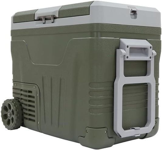 Portable 12V Refrigerator,48QT (45L) Electric Cooler with 12/24V DC and 110-240V AC,-4℉~68℉,Dual Zone Car Refrigerator with Off-Road Wheels,LED Lights and Bottle Opener for Camping,Travel (Large)