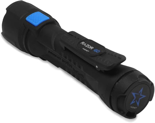 Bright Star Razor Go All-Purpose LED Flashlight – 21,000 Candela Beam, 24-Hour Runtime, Magnetic Hands-Free Base – Heavy-Duty Utility Light with AA Batteries Included – Made in USA