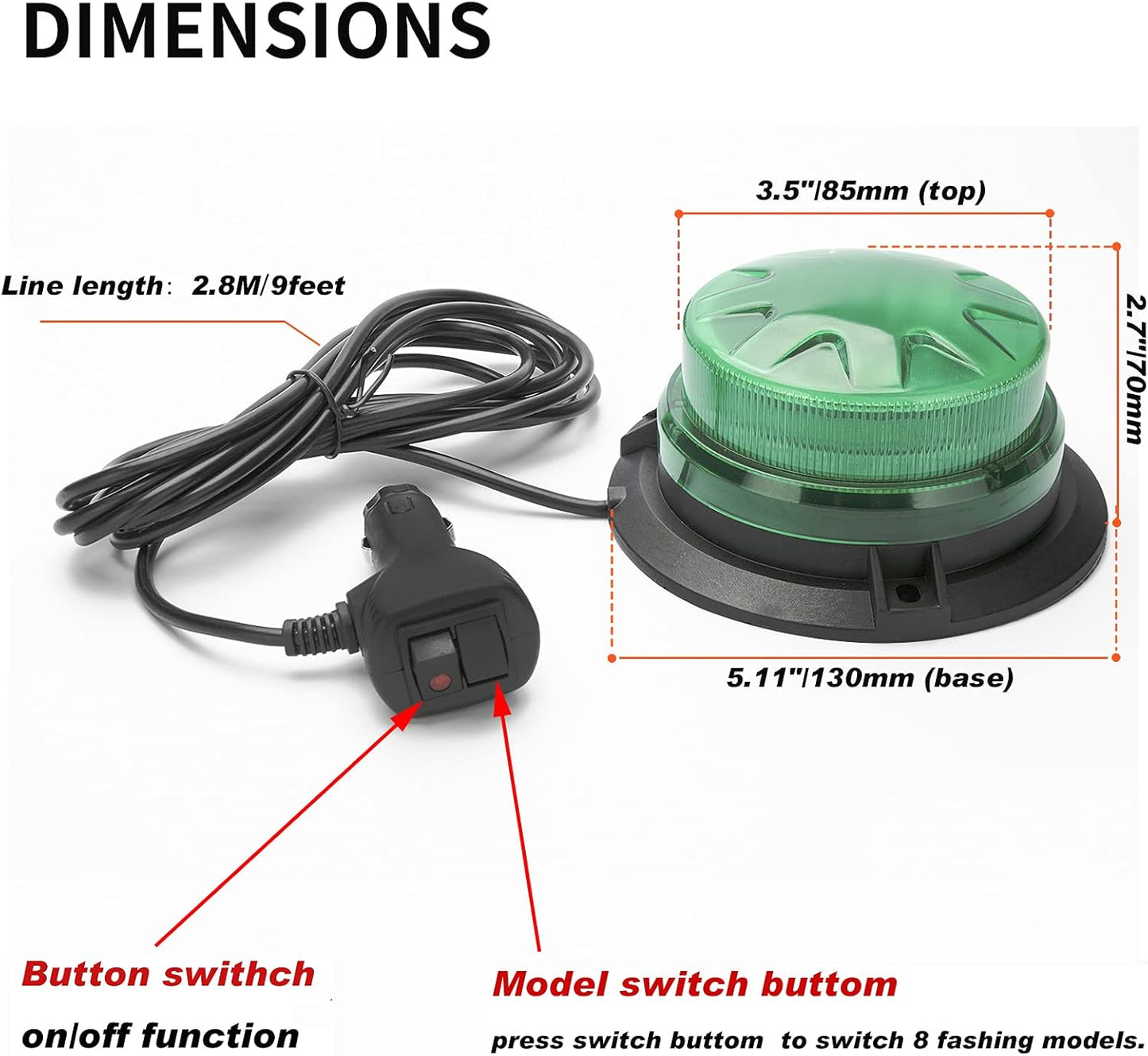 24 LED Emergency Strobe Beacon Light, Magnetic Mount Warning Signal Lamp, 12V-24V Waterproof Flashing Safety Light for Trucks, Forklifts, Tractors & Construction Vehicles (Green/Amber/Blue/Red)