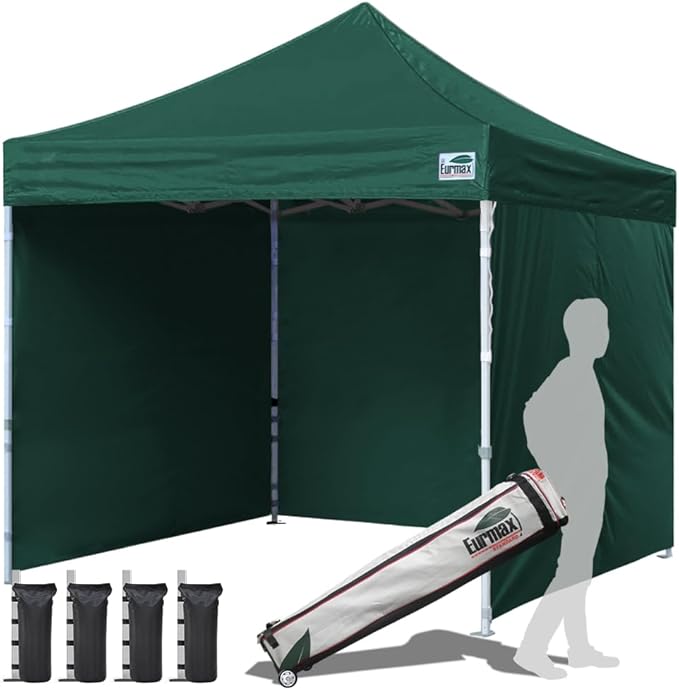 Eurmax USA 10'x10' Pop-up Canopy Tent Commercial Instant Canopies with 4 Removable Zipper End Side Walls and Roller Bag, Bonus 4 SandBags(Forest Green)