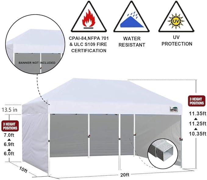 Eurmax USA 10'x20' Pop-up Canopy Tent Commercial Instant Canopies with 4 Removable Zipper End Side Walls and Roller Bag, Bonus 6 SandBags(Beige)
