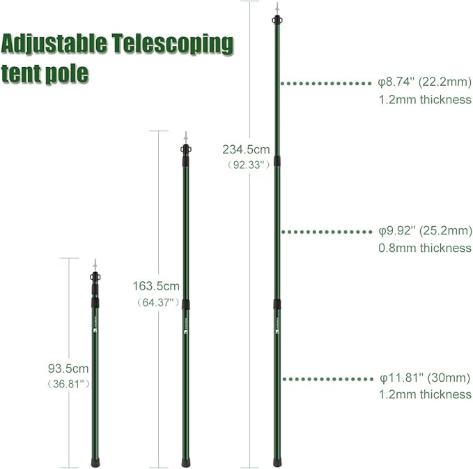 HIKEMAN Tent Poles Camping Poles for Tarp Awning Canopy Porch Sun Sails Tarpaulin Headroom Aluminium Adjustable Telescoping