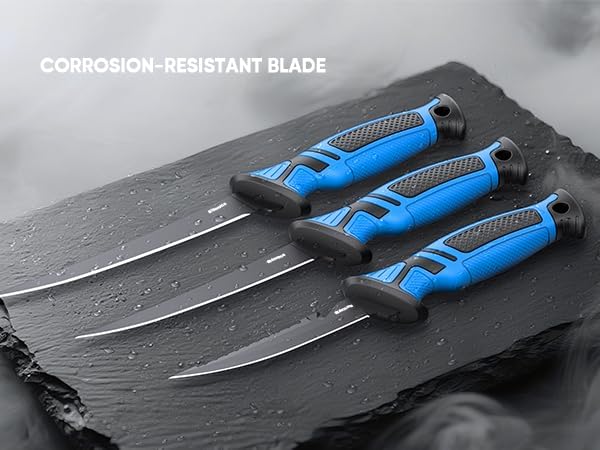 Fillet Knife and Bait Knife Set Performance 5"-6"-7" G4116 German Flex Razor Sharp Stainless-Steel Blade with Sheath for Filleting and Boning, Pro Fishing Gear and Equipment Tools, Cool Fishing Gift for Men (Black-Blue)