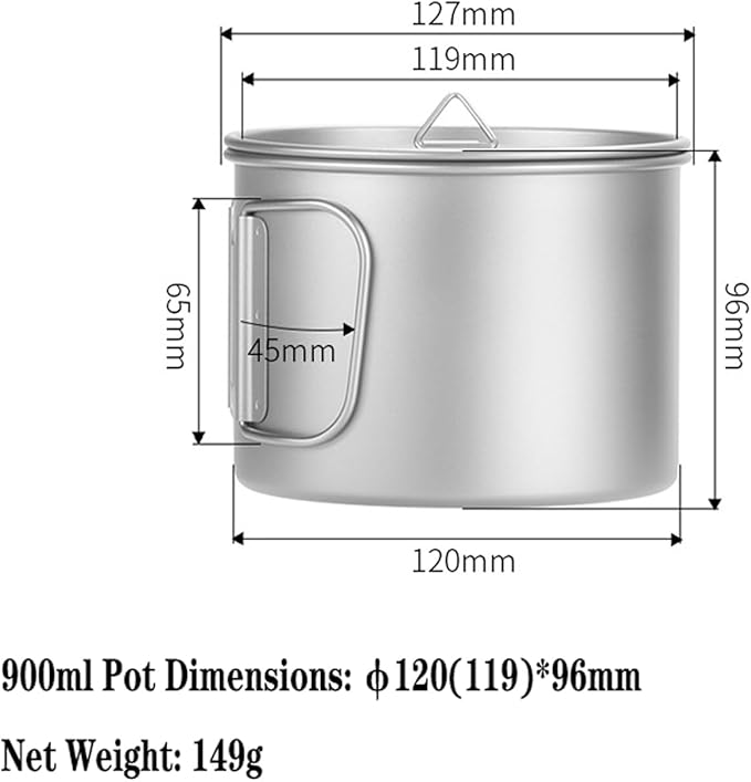 Titanium Pot 900ml & 1100ml & 1600ml Lightweight Camping Cookware for Outdoor Hiking Backpacking Travel, Non-Toxic Druable Cooking Pot with Lid & Folding Handle