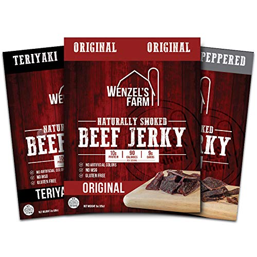 Wenzel's Farm Beef Jerky Variety Pack - Includes Original, Teriyaki, and Peppered Beef Jerky - Naturally Smoked - No MSG - No Artificial Colors, Gluten Free - Pack of 3, 3 Oz Bags