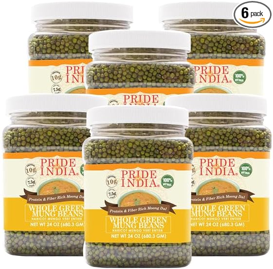 Pride Of India - PACK of 6 - Indian Whole Green Mung Gram - Protein & Fiber Rich Moong Whole, 1.5 Pound Jar