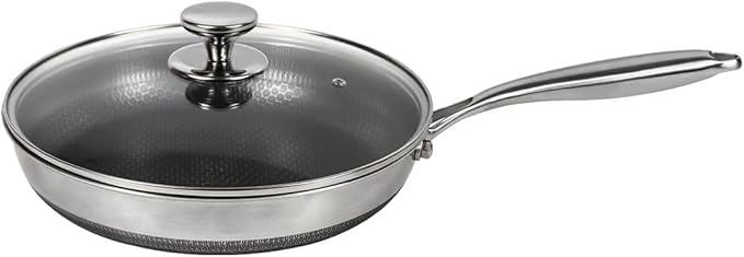 Stainless Steel Pan, Nonstick Frying Pan with Glass Lid, 10.8inch PFOA-Free, Stay-Cool Handle Easily Cleaned Induction Cooktops are Suitable, Compatible with All Cooktops