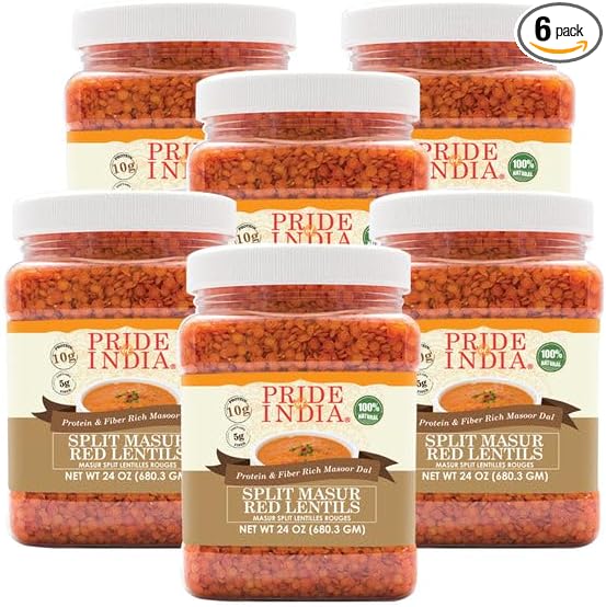 Pride Of India - PACK of 6 - Indian Split Masur Red Lentils - Protein & Fiber Rich Masoor Dal, 1.5 Pound Jar