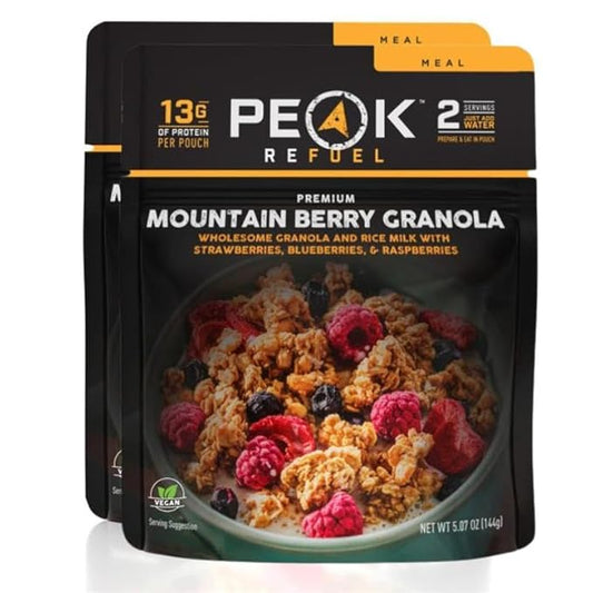 Peak Refuel Mountain Berry Granola 2-Pack | Freeze Dried Backpacking, Camping & Emergency Prep Food | 2 Servings Pouches | 2 Servings Per Pouch