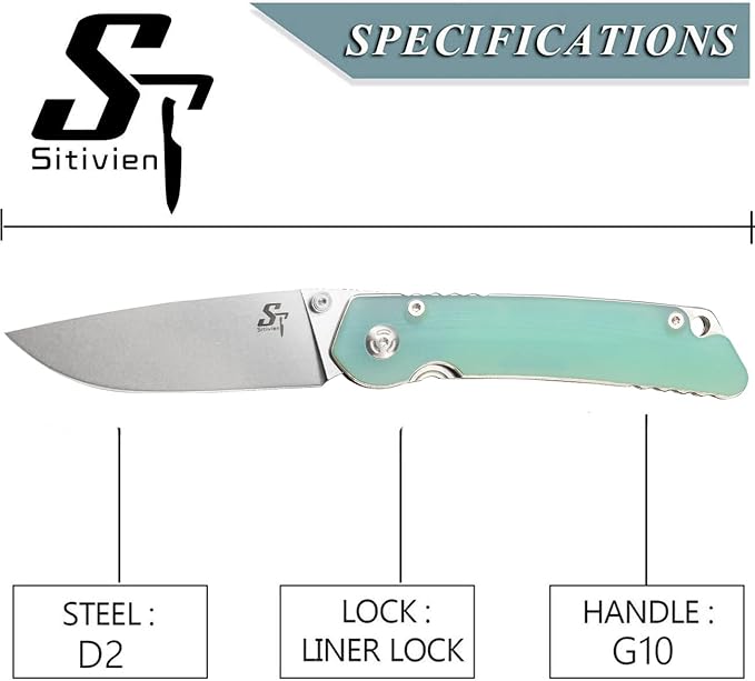 Sitivien ST128 Folding Knife,D2 Blade G10 Handle Safety Liner Lock EDC Tool Knife for Outdoor Hiking Camping-Jade