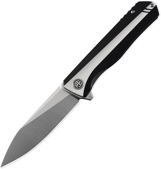 Petrified fish PF818,3.54" D2 Blade,104g G10 Handle Flipper Folding knife (Black and White, Satin)