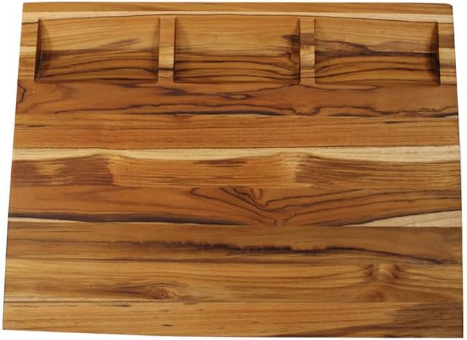 EcoDecors, Teak Cutting Board 20"x15" Reversible Edge Grain, Extra Large Solid Teak Wood Carving Board with Juice Groove, 3 Charcuterie Trays, Side Handles, Best Wooden Cutting Board for Kitchen
