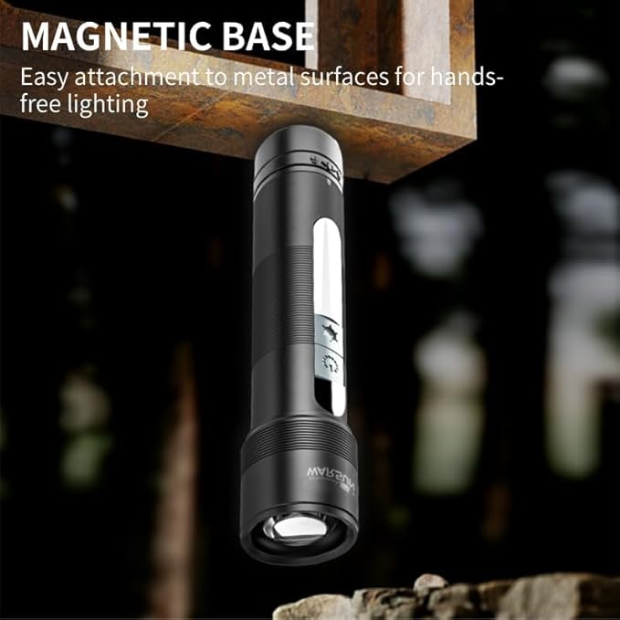 WARSUN Compact Magnetic Flashlight ??1200 Lumens Rechargeable LED Torch, Zoomable Small Flashlight with COB Side Light & Battery Indicator, for Emergency & Outdoor Use