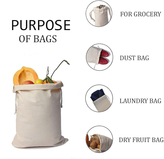 100Pcs 5 x 7 Inches Premium Cotton Muslin Double Drawstring Bags, Reusable Bag Natural Cotton Bags with Drawstring Produce Bags Bulk Gift Bag Jewelry Pouch for Party Wedding Home Storage
