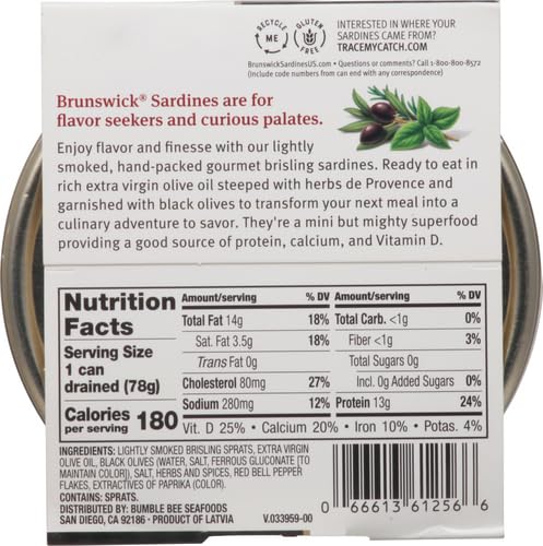 Brunswick Wild Caught Gourmet Brisling Sardines in Extra Virgin Olive Oil, Mediterranean Style with Black Olives, Herbs and Spices, 4.23 oz Can - Wild Caught Sardines - 13g Protein per Serving
