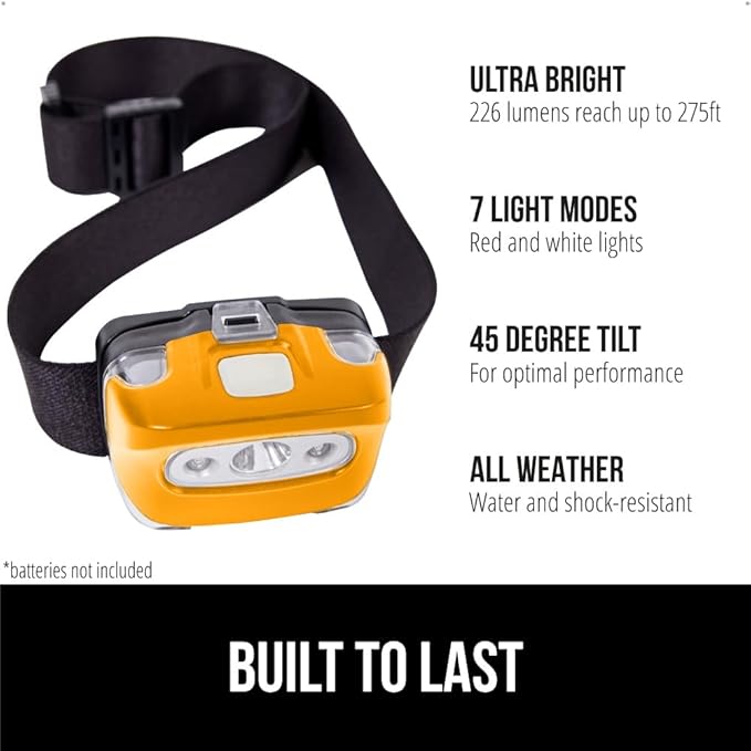 GORILLA GRIP Ultra Bright High Lumens LED Head Lamp, 7 Light Modes Water Resistant IPX4 Headlamp, Adjustable Headband, Battery Powered Outdoor Running, Camping Forehead Flashlight Lamps, 1 Pack Orange