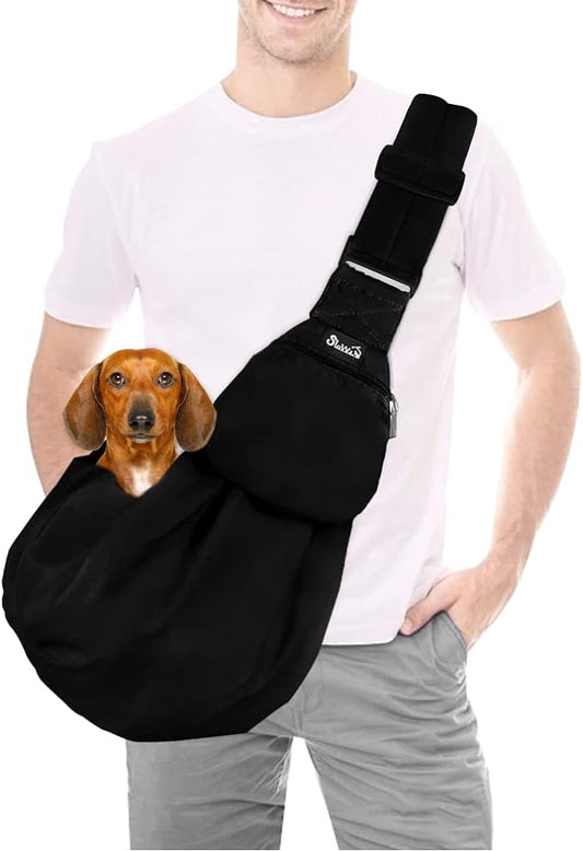 SlowTon Dog Carrier Sling - Thick Padded Shoulder Strap Adjustable Dog Carriers for Small Dogs, Puppy Carrier Purse for Pet Cat with Front Zipper Pocket Safety Belt Machine Washable Waterproof Black L