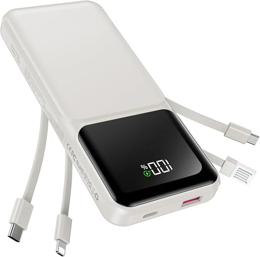 Portable Charger with Built in Cable - USB C LED Display 20000mAh Fast Charging 22.5W Power Bank Slim Battery Pack 5 Outputs & 3 Inputs for Travel Essentials iPhone Samsung Android Phones Tablets