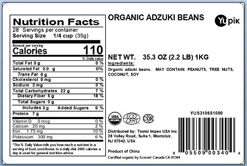 Yupik Organic Adzuki Beans, 2.2 lb (35.2 oz), Non-GMO, Vegan & Gluten-Free, USDA Certified, Kosher, Mildly Nutty Flavour, Ideal for Soups, Stews & Casseroles