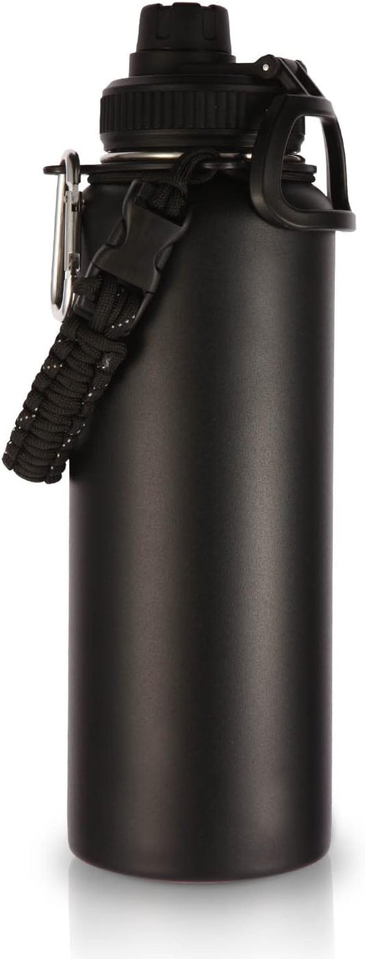 Volhoply 40 oz Insulated Water Bottles Paracord Handle, Stainless Steel Sports Bottle with Spout Lid, Double Walled Travel Water Cups with Wide Mouth, Reusable Water jug for Adults (Black, 1 Set)