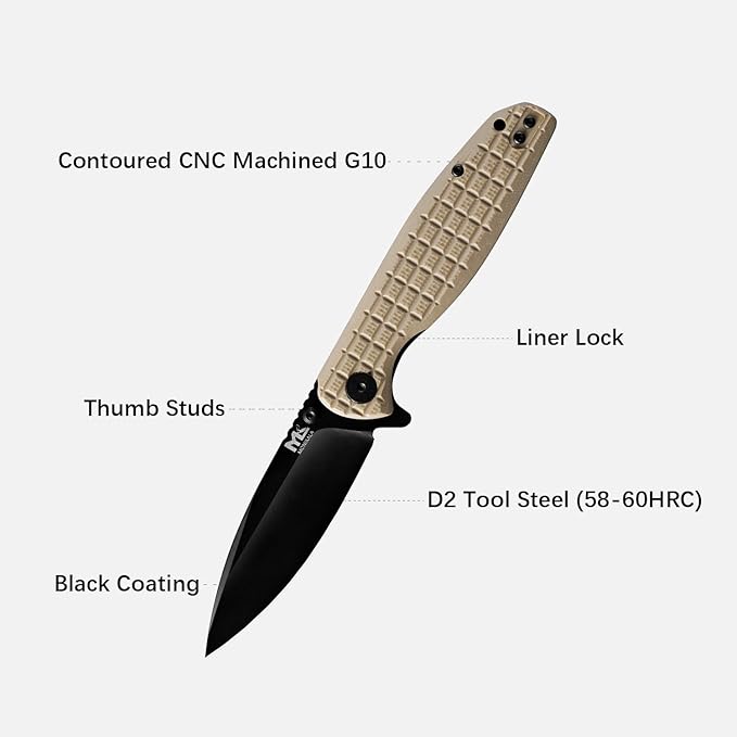 Folding Knife – 3.5-inch D2 Steel Folding Pocket Knife, G10 Handle, One-Handed Opening and Closing, Ceramic Ball Bearings, Deep Pocket Clip, Suitable for Outdoor, EDC (brown)