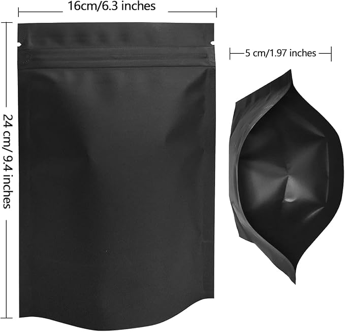 STUs 100 Pack Stand-Up Mylar Bags 6.3 x 9.4 Inch Smell Proof Bags Foil Pouch Double-Sided Food Storage Bag Matte Black
