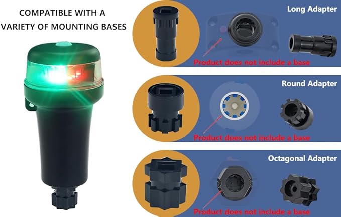 Kayak Battery Portable Navigation LED Lights Multi- Adaptors 3AA Battery Inflatable Boat Surface Mount Adhesive Base (Red+Green With Adapters)