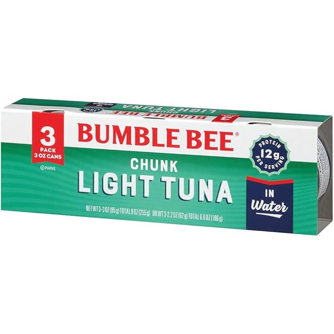 Bumble Bee Chunk Light Tuna In Water, 3 oz Cans (Pack of 3) - Wild Caught Skipjack Tuna - 12g Protein Per Serving - MSC Certified Sustainable Seafood, Non-GMO, Gluten Free, Kosher