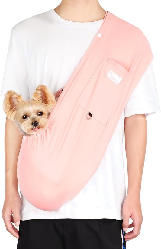 Dog Sling Carrier – Ice Silk Dog Slings for Small Dogs up to 10 lbs, Breathable Dog Carrier Sling with Adjustable Safety Strap & Buckle, Portable Cat Sling Carrier (Pink)