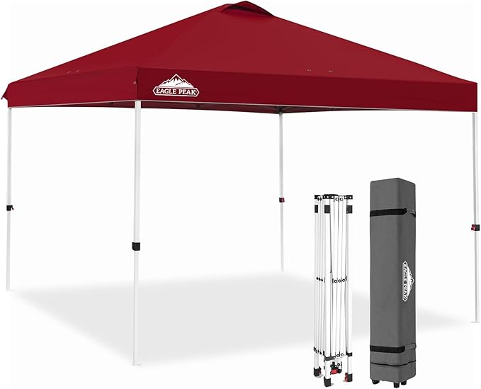 EAGLE PEAK Pop Up Canopy Tent with Wheeled Carry Bag, 8 Stakes, 4 Ropes, 4 Weight Bags, Easy Set Up Tent Canopy, 10x10 ft, 100sqft of Shade, Burgundy