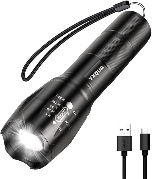 USB Rechargeable Flashlights, 8381 High Lumens Lights, 3 Modes, Zoomable & Waterproof Super Bright Flash Light for Camping, Hiking, Emergency Hurricane(5.1 in)