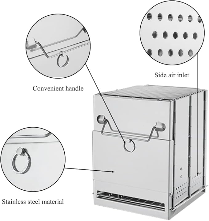 Camping Wood Burning Stove with Grill, Collapsible Backpacking Survival Rocket Stove Stainless Steel Campfire Stove for Outdoor Cooking Picnic Hiking BBQ (Sliver-Small)