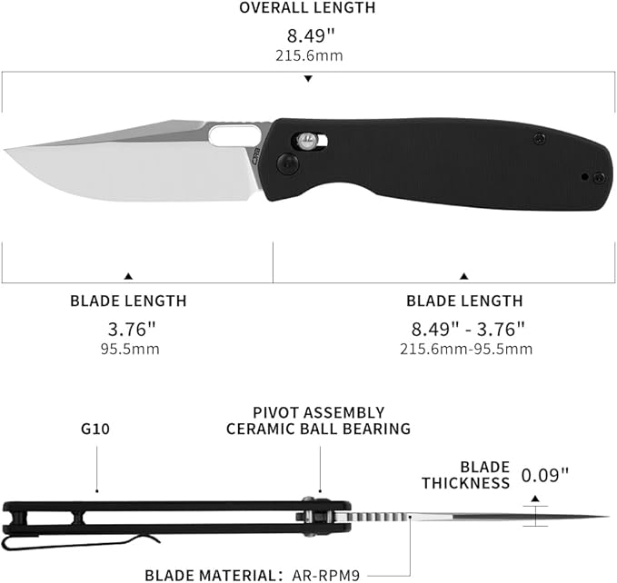 CJRB Prado Folding Pocket Knife 3.76" AR-RPM9 Sand Polish Steel Blade Black G10 Handle Crossbar Lock for Men Outdoor Survival Camping EDC, J1936 Black