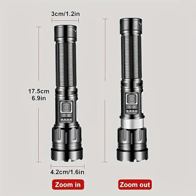 LED Tactical Flashlight, Dual Mode Zoom in/Out, USB-C Rechargeable, 6.9 inch Length