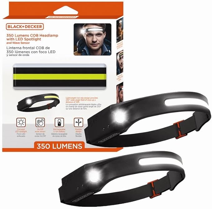 BLACK+DECKER Rechargeable Headlamp with Flashlight & Wave Sensor 2-Pack, 350 Lumens LED 230° Beam Head Light, IP65 Waterproof, 4 Brightness Settings, SOS Mode, Fits Over Helmets, Head Lamp for Camping