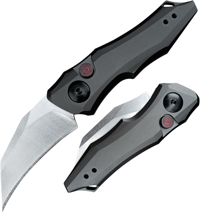 HUAAO Push Button Knife, Spring Assisted Opening, EDC Folding Pocket knives For Men,2.08 inch 8Cr13Mov Hawkbill Blade，gray aluminum handle,With Deep Carry Pocket Clip