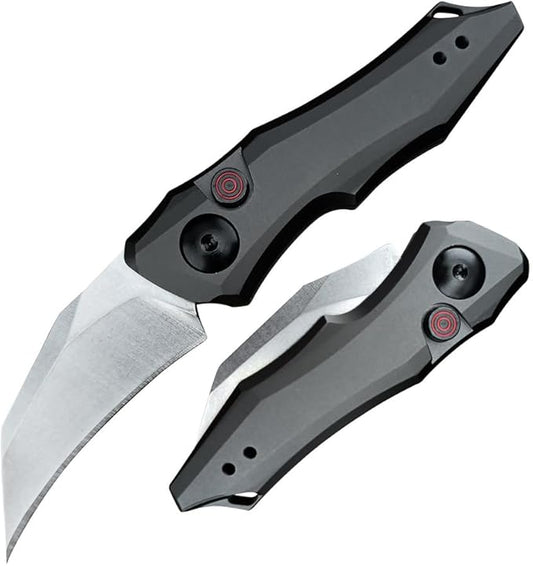 HUAAO Push Button Knife, Spring Assisted Opening, EDC Folding Pocket knives For Men,2.08 inch 8Cr13Mov Hawkbill Blade，gray aluminum handle,With Deep Carry Pocket Clip