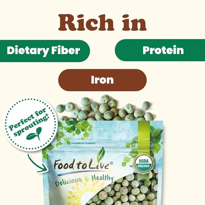 Food to Live Organic Whole Dried Green Peas, 2 Pounds – Non-GMO, Green Vatana, Sproutable, Vegan, Kosher, Bulk. Pre-Soak Needed. Rich in Protein, Fiber. Great for Green Curry, Stews, Salads, Pea Soup