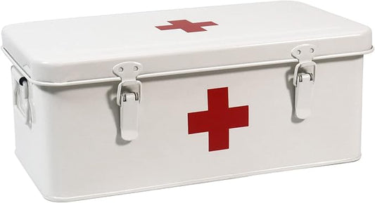 First Aid Medicine Box, First Aid Kit Supplies Bin, Metal Medicine Storage Tin, First Aid Empty Box with Safety Lock for Home Emergency Tool Set-White